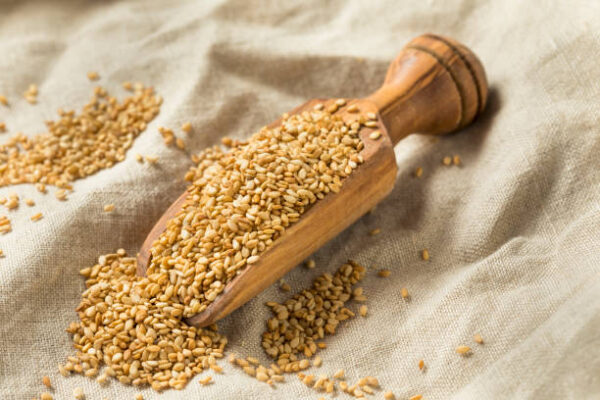 Organic toasted sesame seeds in a scoop