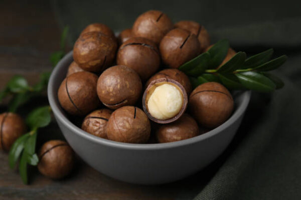 Tasty macadamia nuts in bowl and green twigs on table, closeup