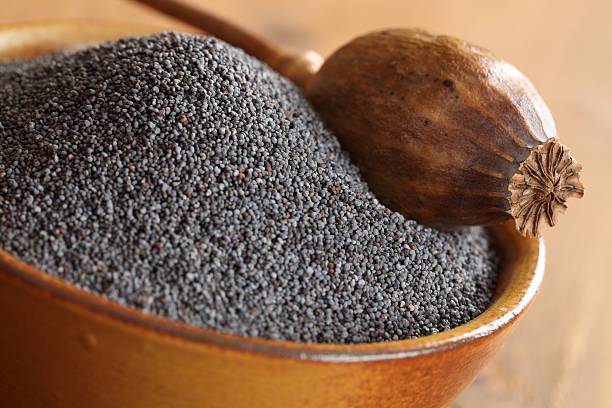 Bowl with poppy seeds and dry poppy pod.