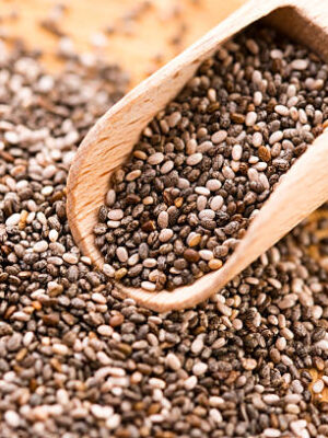Nutritious chia seeds on a wooden spoon