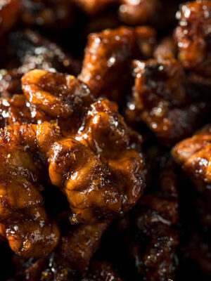 Sweet homemade candied walnuts ready to eat