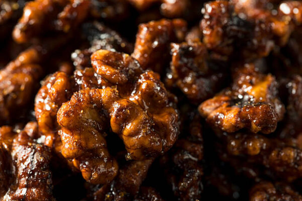 Sweet homemade candied walnuts ready to eat